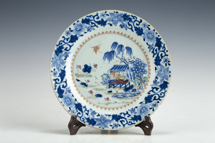 古玩陶瓷清乾隆·青花粉彩賞鶴圖折沿盤真品鑒賞圖