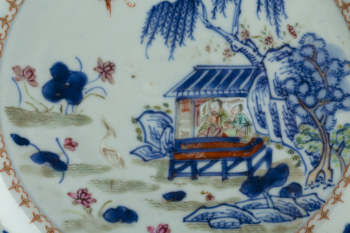 古玩陶瓷清乾隆·青花粉彩賞鶴圖折沿盤真品鑒賞圖