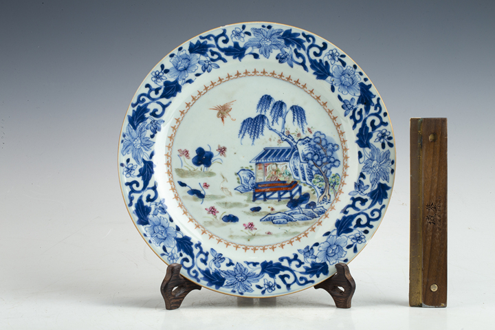 古玩陶瓷清乾隆·青花粉彩賞鶴圖折沿盤真品鑒賞圖