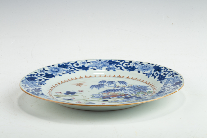 古玩陶瓷清乾隆·青花粉彩賞鶴圖折沿盤真品鑒賞圖