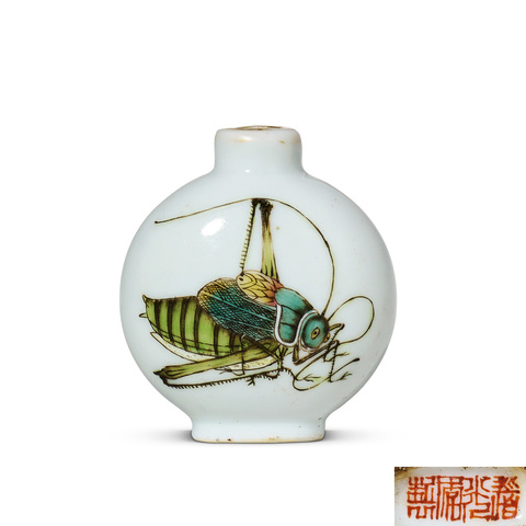 古玩陶瓷清晚期粉彩蟈蟈紋扁壺真品鑒賞圖