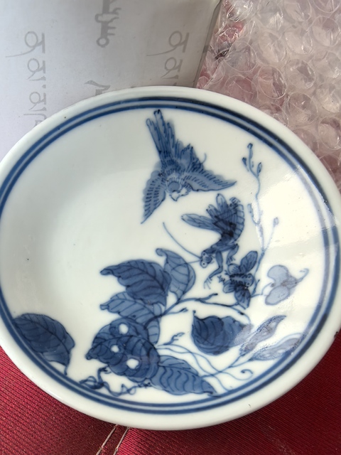 古玩陶瓷螳螂捕蟬 黃雀在后青花碟子真品鑒賞圖