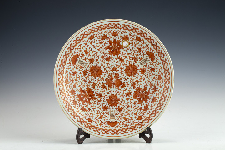 古玩陶瓷清晚·礬紅描金福壽三多紋大盤(pán)真品鑒賞圖
