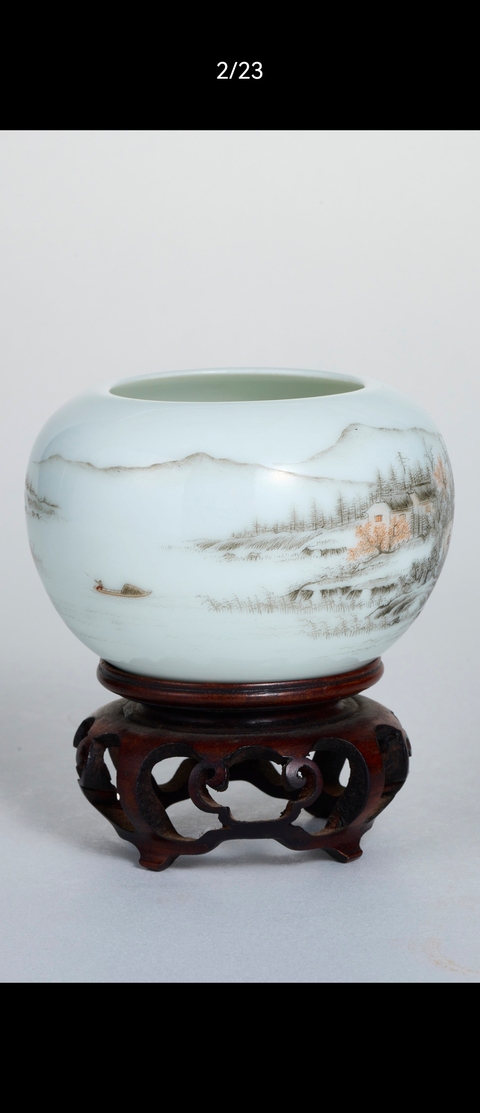 古玩陶瓷民國琺瑯彩山水人物水盂真品鑒賞圖