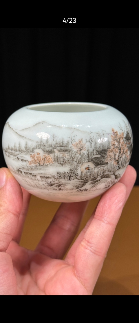 古玩陶瓷民國琺瑯彩山水人物水盂真品鑒賞圖