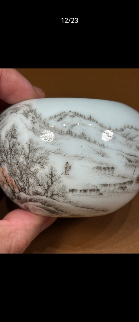 古玩陶瓷民國琺瑯彩山水人物水盂真品鑒賞圖