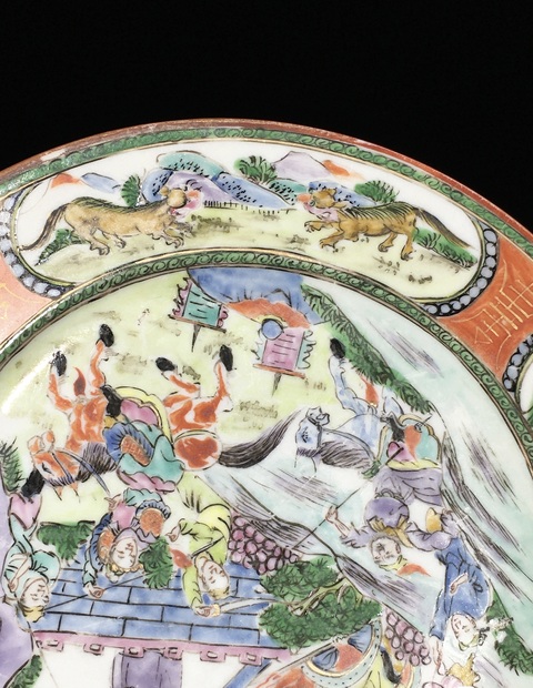 古玩陶瓷刀馬人廣五彩盤真品鑒賞圖