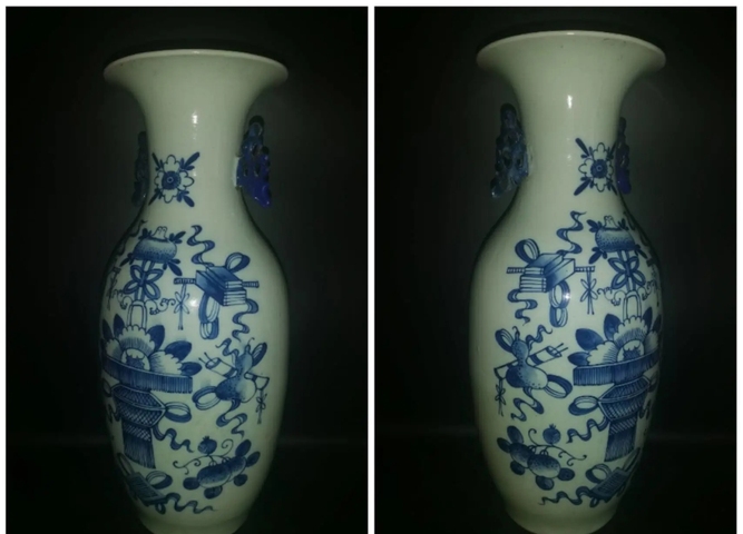 古玩陶瓷豆青釉青花花卉雙耳瓶真品鑒賞圖