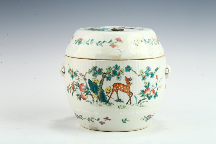 古玩陶瓷清晚·粉彩鶴鹿同春紋四系罐真品鑒賞圖