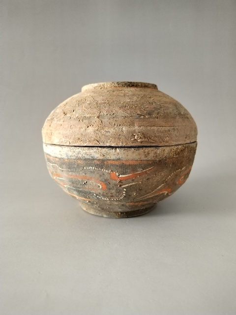 古玩陶瓷（漢代）灰陶朱砂彩繪陶盒拍賣，當前價格568元