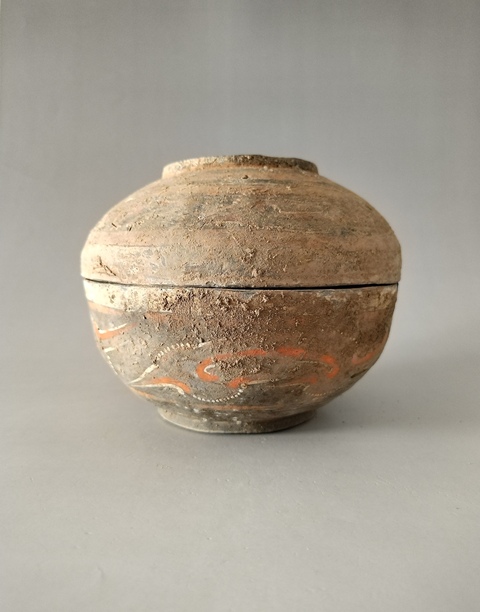 古玩陶瓷（漢代）灰陶朱砂彩繪陶盒拍賣，當前價格568元