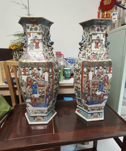 古玩陶瓷六方人物瓶真品鑒賞圖