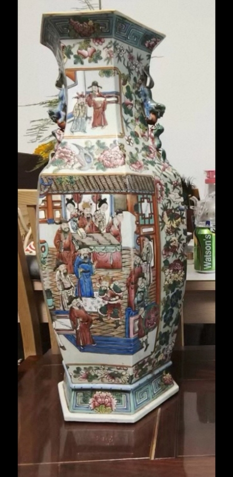 古玩陶瓷六方人物瓶真品鑒賞圖