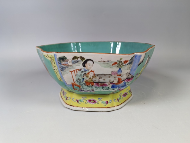 古玩陶瓷晚清民國松石綠粉彩五子登科嬰戲紋四方供碗真品鑒賞圖