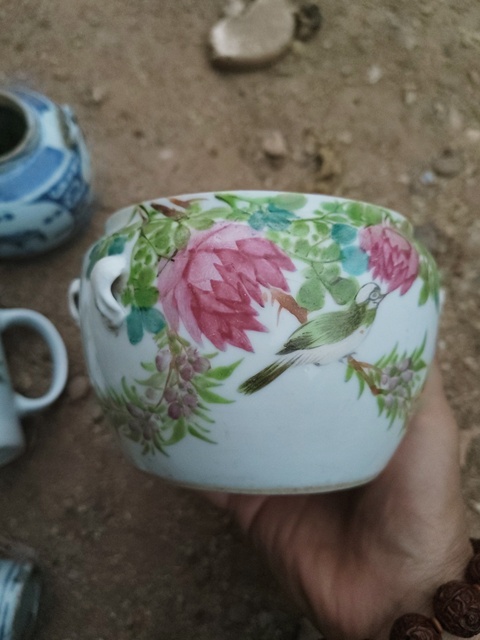 古玩陶瓷清光緒淺絳彩花鳥紋四系粥罐真品鑒賞圖