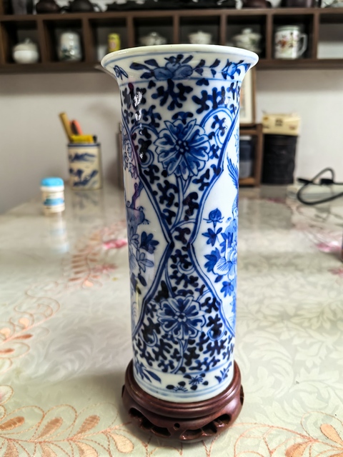 古玩陶瓷青花開光花鳥紋箭筒真品鑒賞圖