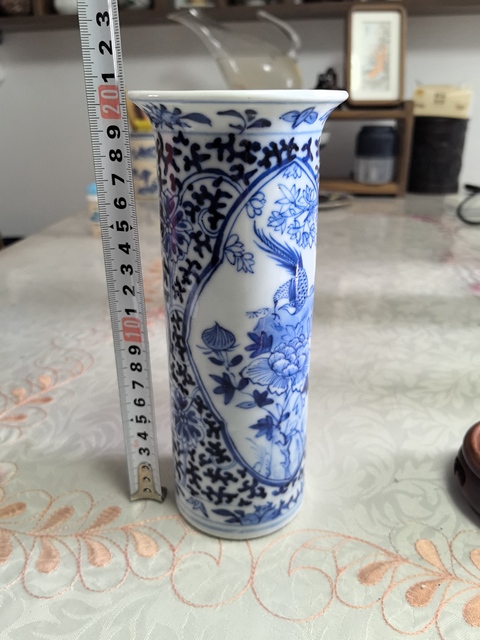 古玩陶瓷青花開光花鳥紋箭筒真品鑒賞圖