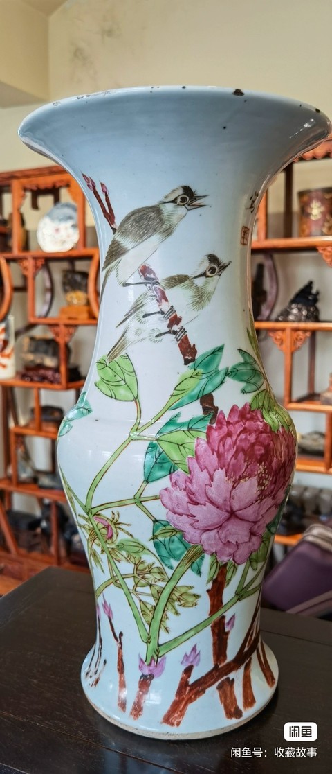 古玩陶瓷晚清淺降彩花觚真品鑒賞圖