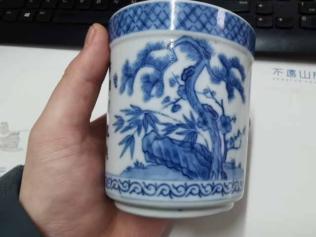 古玩陶瓷日本明治青花山水詩文香爐真品鑒賞圖