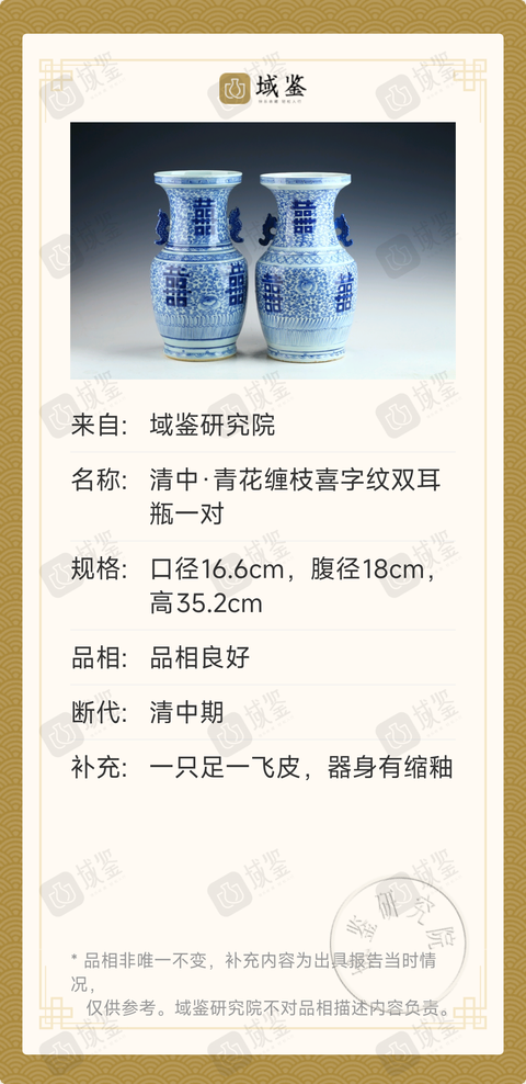 古玩陶瓷清中期青花纏枝喜字紋雙耳瓶一對拍賣，當前價格6000元