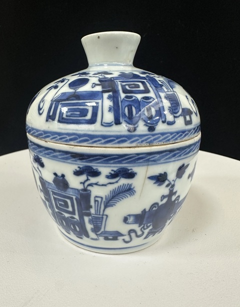 古玩陶瓷青花博古蓋缸真品鑒賞圖