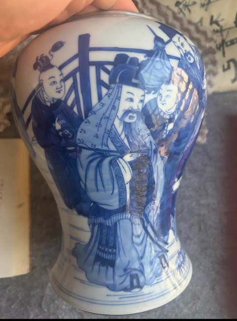 古玩陶瓷青花福祿壽三星人物紋截口鳳尾尊真品鑒賞圖