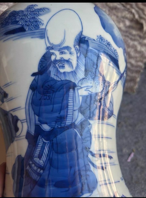 古玩陶瓷青花福祿壽三星人物紋截口鳳尾尊真品鑒賞圖