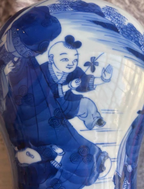 古玩陶瓷青花福祿壽三星人物紋截口鳳尾尊真品鑒賞圖