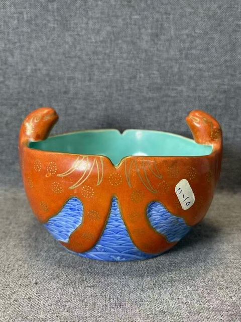 古玩陶瓷青花珊瑚紅釉描金雙幅洗真品鑒賞圖