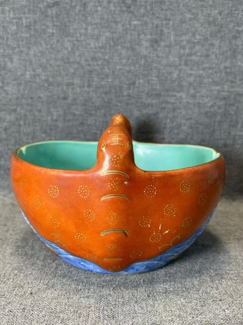 古玩陶瓷青花珊瑚紅釉描金雙幅洗真品鑒賞圖