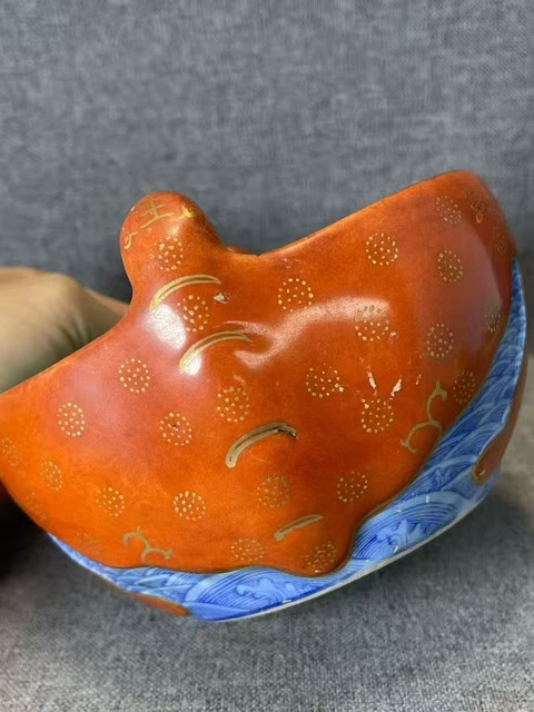 古玩陶瓷青花珊瑚紅釉描金雙幅洗真品鑒賞圖