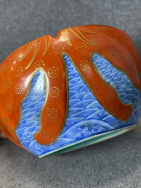 古玩陶瓷青花珊瑚紅釉描金雙幅洗真品鑒賞圖