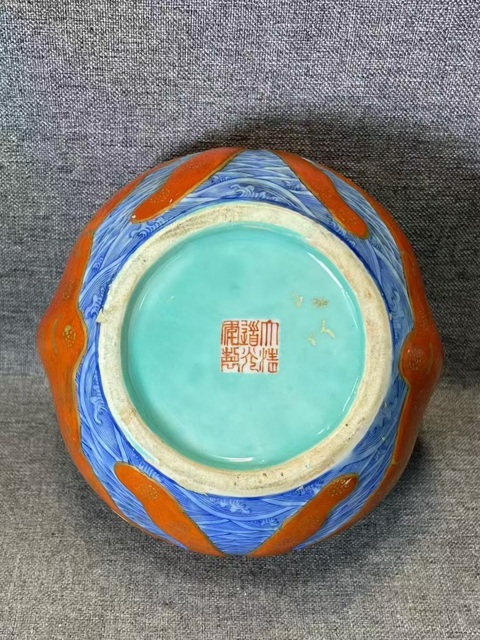 古玩陶瓷青花珊瑚紅釉描金雙幅洗真品鑒賞圖