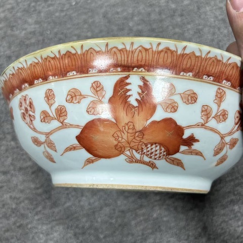 古玩陶瓷礬紅五福捧壽墩式碗拍賣，當前價格5800元