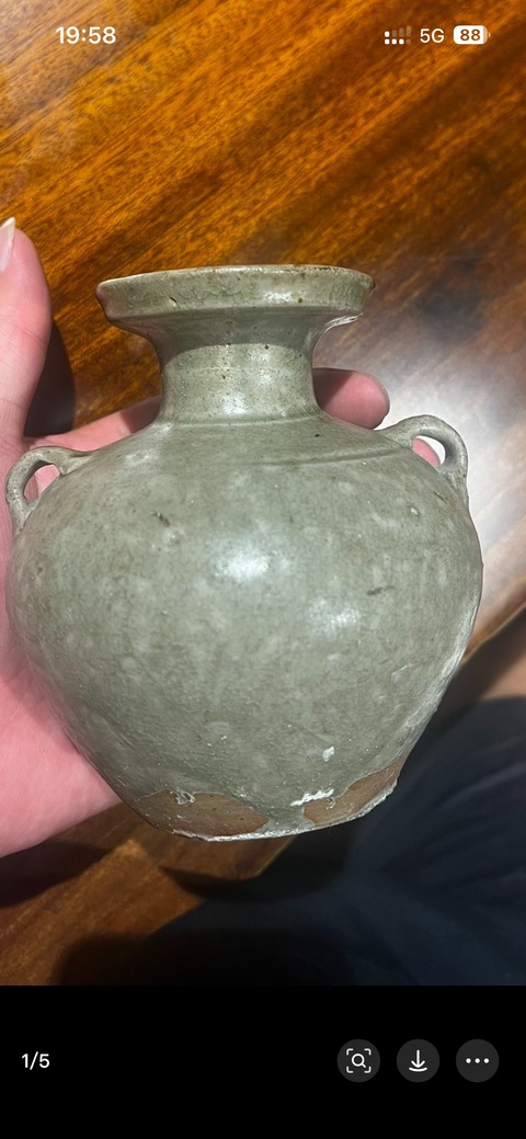 古玩陶瓷越窯青瓷雙系盤口壺，注意品相真品鑒賞圖