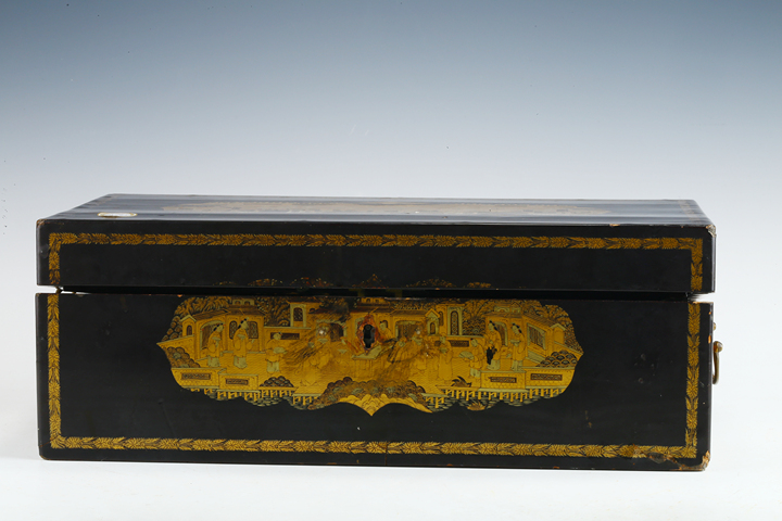 古玩陶瓷清末民初·木胎黑漆描金人物故事紋首飾盒真品鑒賞圖