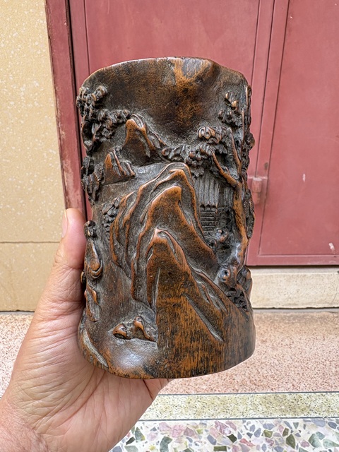 古玩雜項木雕筆筒真品鑒賞圖