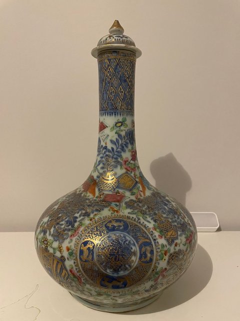 古玩陶瓷清中晚 青花加彩描金賞瓶真品鑒賞圖