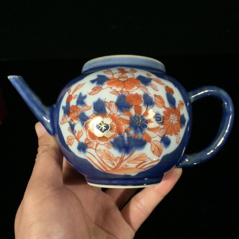 古玩陶瓷霽藍釉開光青花礬紅花卉紋茶壺真品鑒賞圖