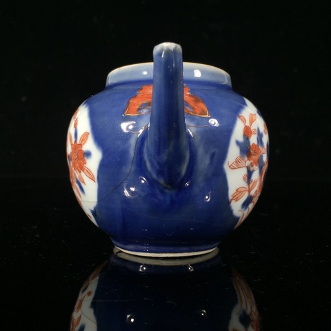 古玩陶瓷霽藍釉開光青花礬紅花卉紋茶壺真品鑒賞圖