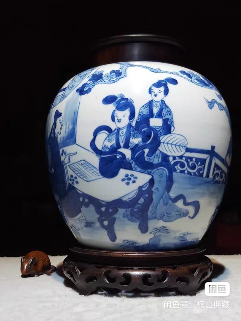 古玩陶瓷對(duì)弈圖青花罐真品鑒賞圖