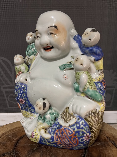 古玩陶瓷民國·粉彩五子登科彌勒佛坐像 真品鑒賞圖