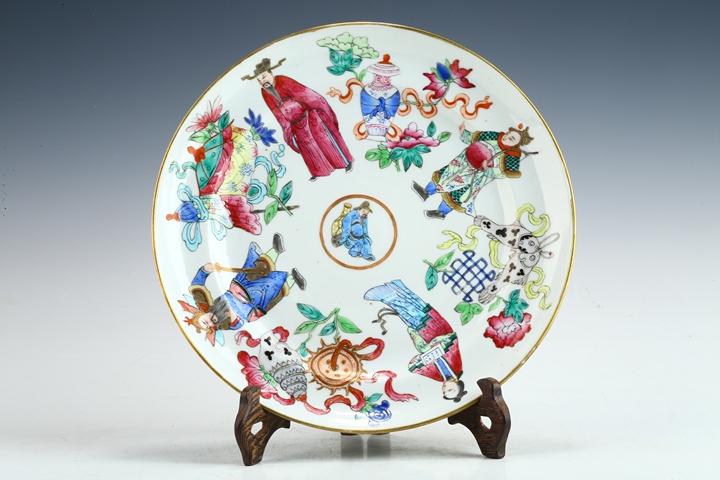 古玩陶瓷清中晚·粉彩無雙譜人物雜寶紋盤 真品鑒賞圖