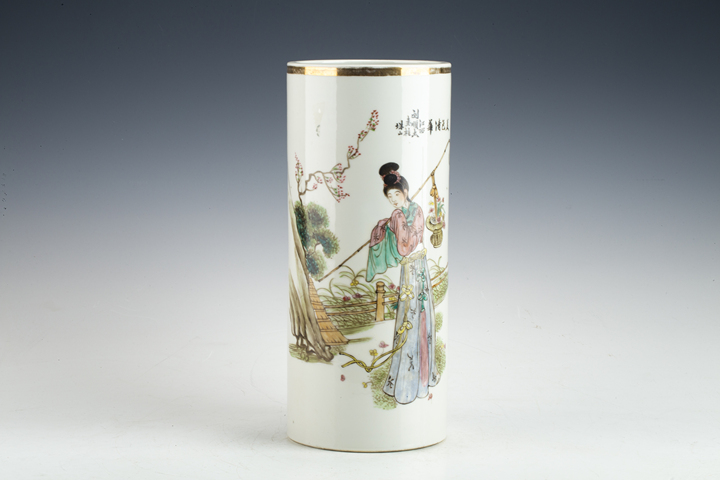 古玩陶瓷民國·粉彩黛玉葬花紋帽筒拍賣，當前價格1520元