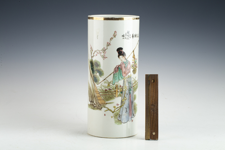 古玩陶瓷民國·粉彩黛玉葬花紋帽筒拍賣，當前價格1520元