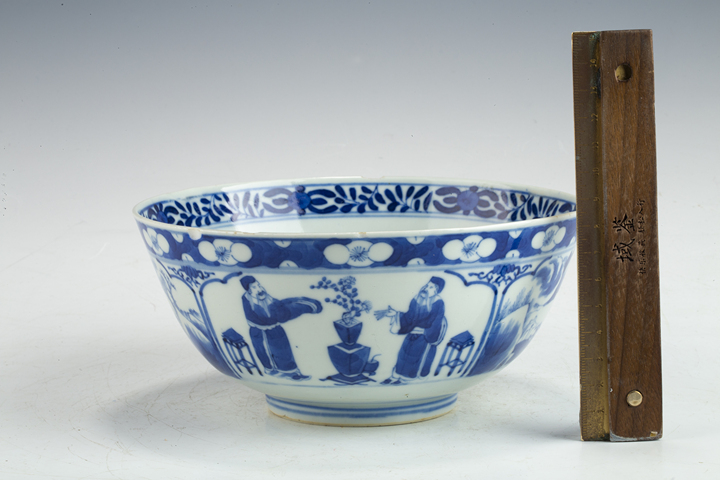 古玩陶瓷清晚·青花開窗四愛圖碗拍賣，當前價格564元