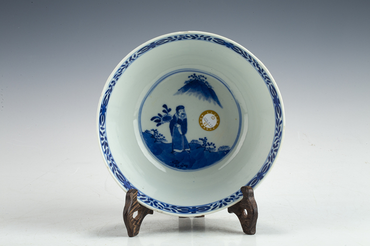 古玩陶瓷清晚·青花開窗四愛圖碗拍賣，當前價格564元