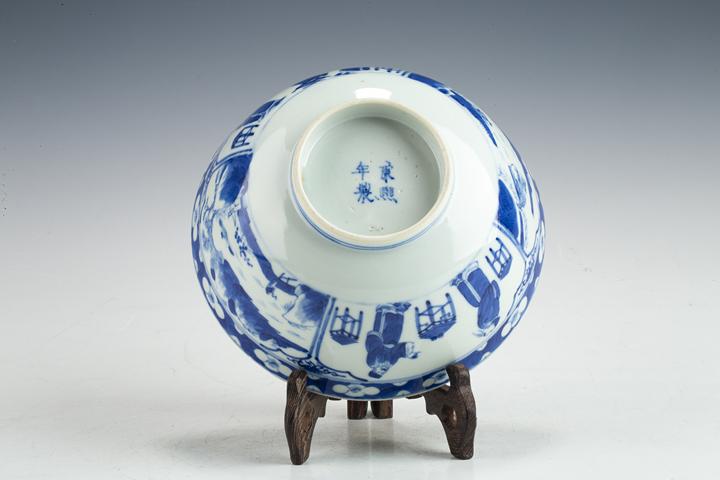 古玩陶瓷清晚·青花開窗四愛圖碗拍賣，當前價格564元