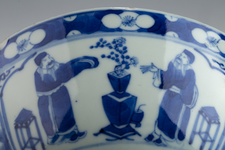 古玩陶瓷清晚·青花開窗四愛圖碗拍賣，當前價格564元