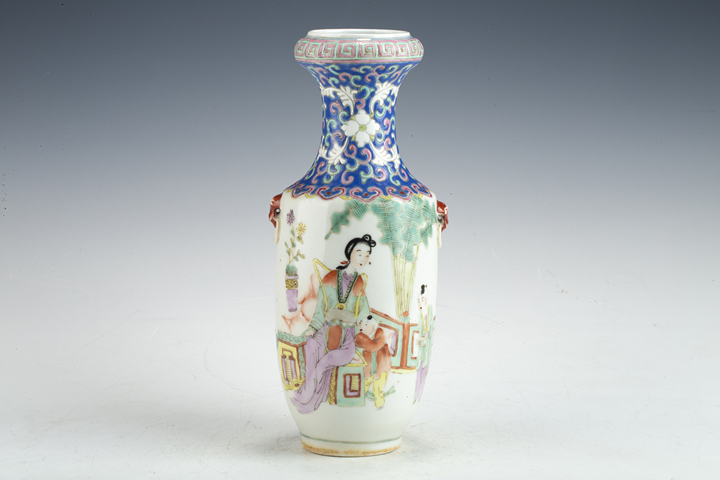 古玩陶瓷民國·粉彩三娘教子紋輔首瓶真品鑒賞圖